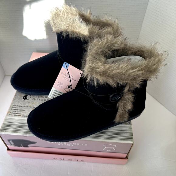 Serra Suede Leather Ankle Boots Size 7 NWT Navy Faux Fur Lining Button Comfort - Picture 1 of 14